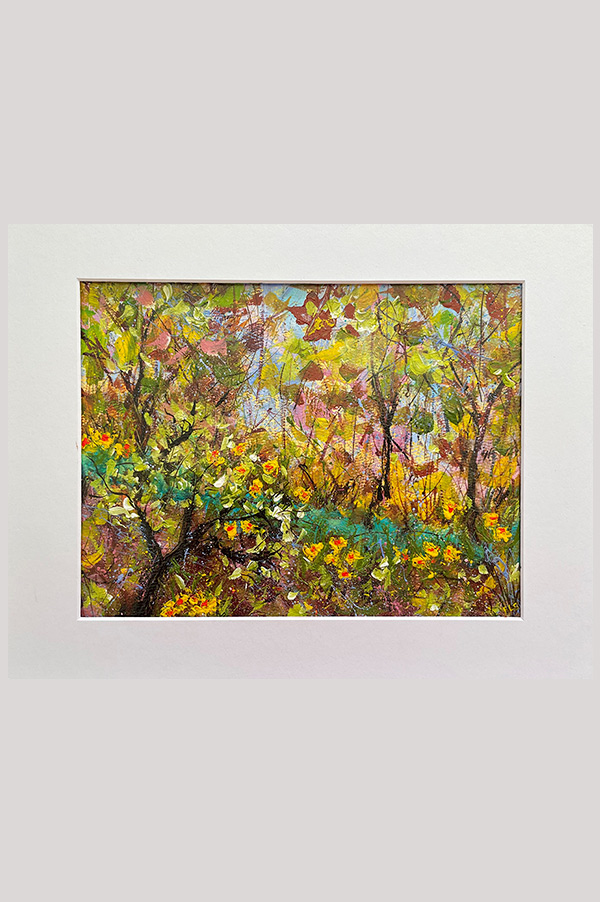 Original abstract landscape painting of a creek in the forest and daffodils on watercolor paper size 8 x 10.5 inch - It Feels Like Spring!