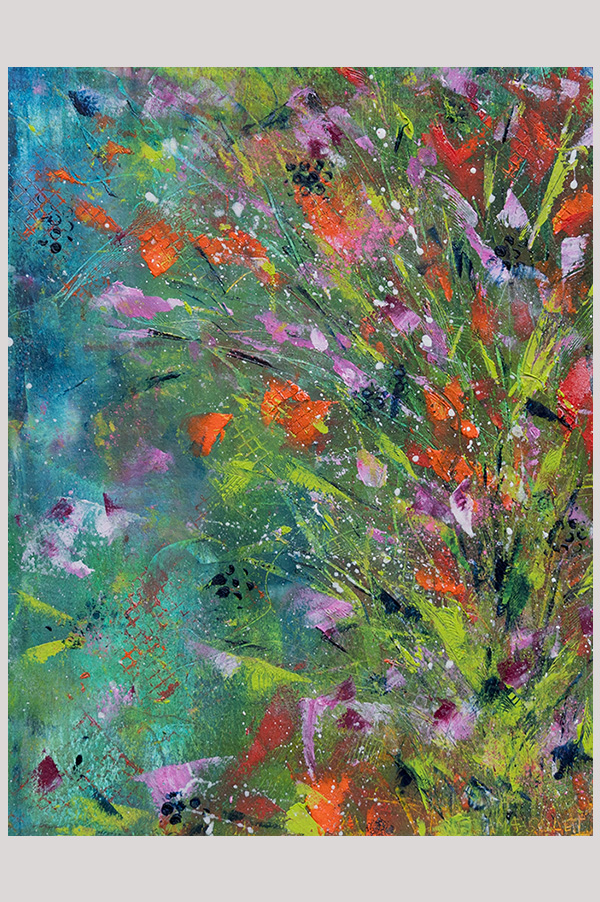 Original mixed media abstract floral painting done with oil and cold wax on oil paper - Flamboyant Bouquet