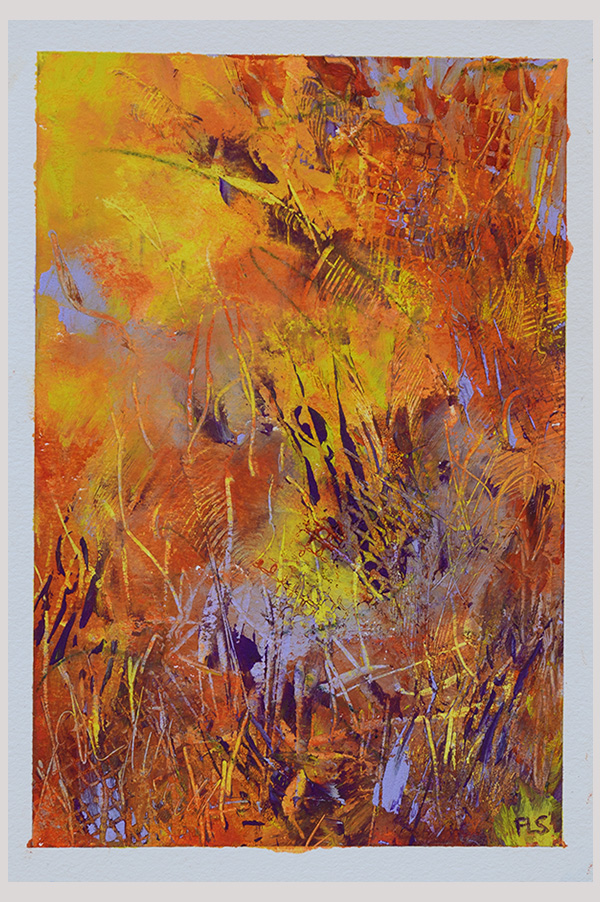 Original mixed media abstract landscape painting of an autumnal scenery hand painted with oil and cold wax on oil paper size 6 x 9 inches - Flamboyant Trails