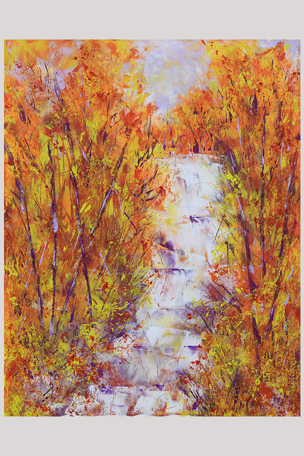 Original mixed media abstract landscape painting of an autumnal waterfall scenery painted with oil and cold wax on cradle wood panel size 11 x 14 inches - Flamboyant Trails Waterfalls