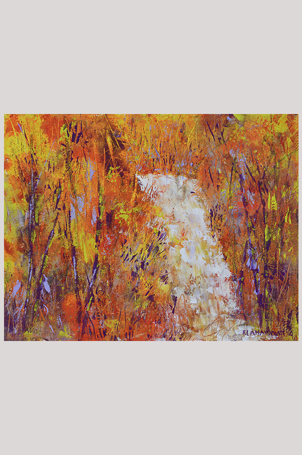 Original mixed media abstract landscape painting of an autumnal waterfall scenery painted with oil and cold wax on Arches oil paper - Flamboyant Trails Waterfalls #1