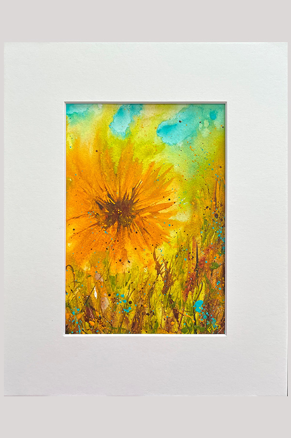 Colorful original abstract landscape painting of a sunflower painted with acrylics on watercolor paper - Follow the Sun