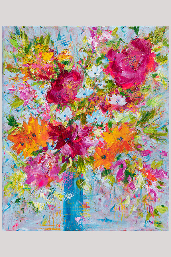 Original colorful abstract flowers in vase acrylic painting on stretched canvas size 16 x 20 inch - Fresh Flowers for the Day