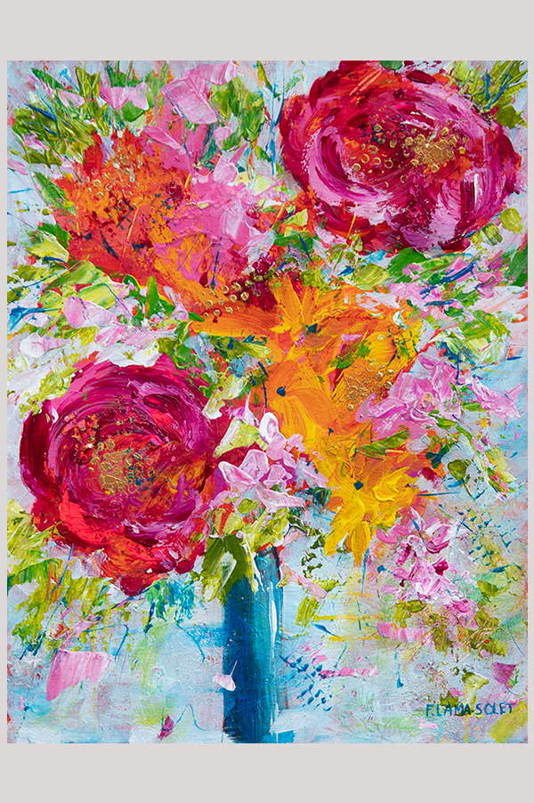 Original colorful impressionist painting of a bouquet of flowers in a vase hand painted with acrylics on watercolor paper size 8.25 x 10.75 inch and mounted in a mat size 11 x 14 inches - Fresh Flowers for the Day