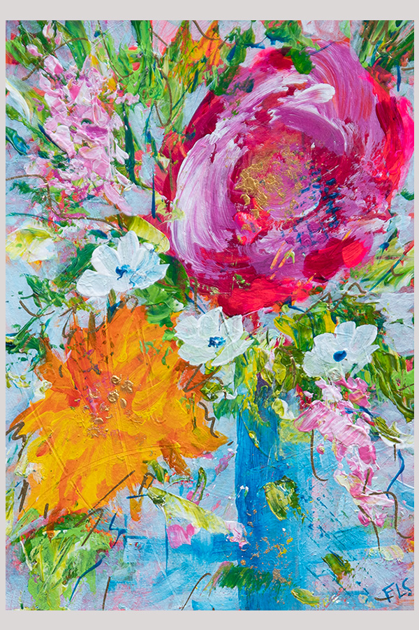 Original colorful impressionist painting of a bouquet of flowers in a vase hand painted with acrylics on watercolor paper size  7 x 5 inch and mounted in a mat size 10 x 8 inch - Fresh Flowers for the Day