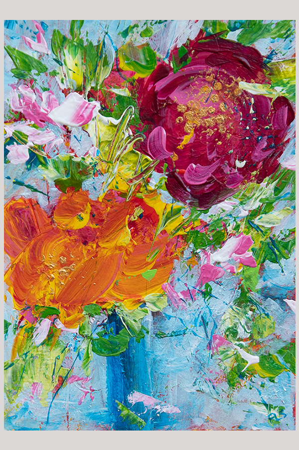 Original colorful impressionist painting of a bouquet of flowers in a vase hand painted with acrylics on watercolor paper size  7 x 5 inch and mounted in a mat size 10 x 8 inch - Fresh Flowers for Traci