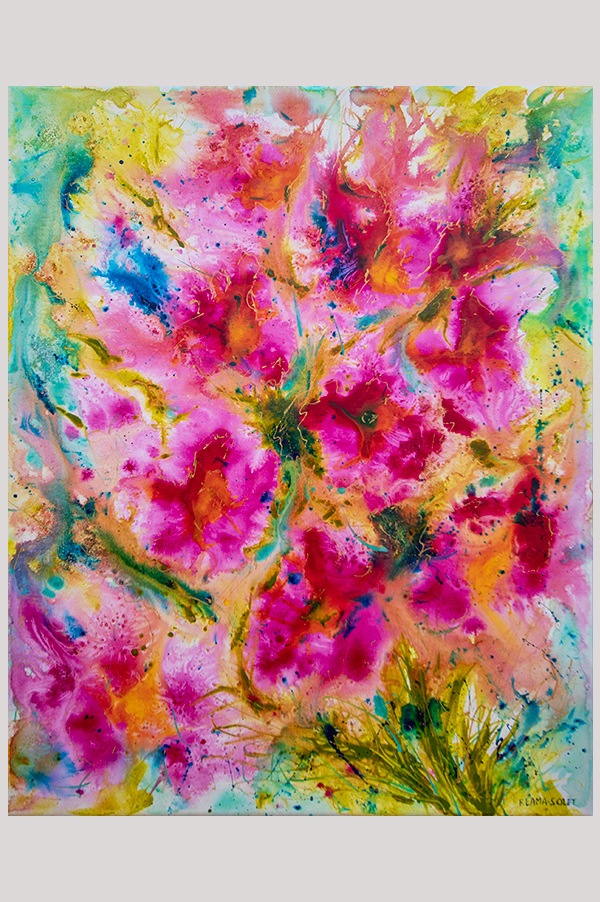 Colorful original abstract floral painting hand painted with acrylics on a gallery wrapped canvas size 16 x 20 inch - Full Bloom