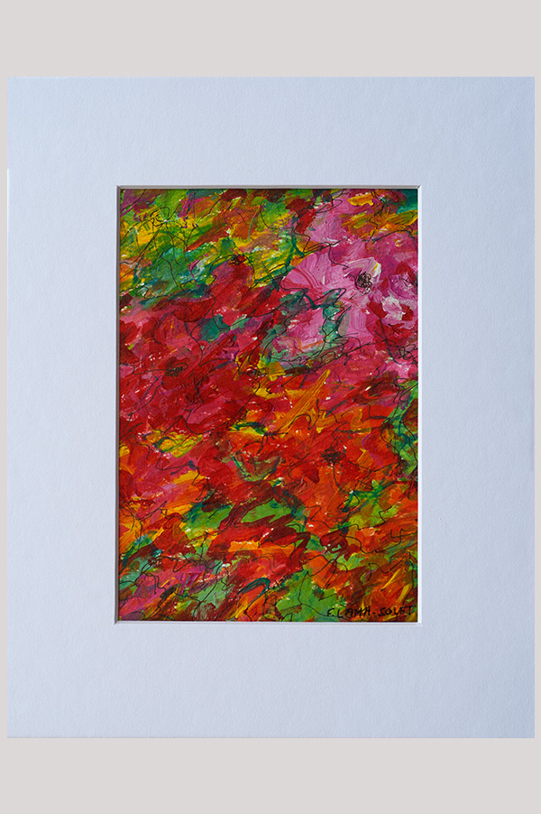 Colorful original contemporary landscape abstract painting of wild flowers in the shades bright pink, red, orange, yellow and green done on watercolor paper and mounted on white board size 8 x 10 - Full Bloom I