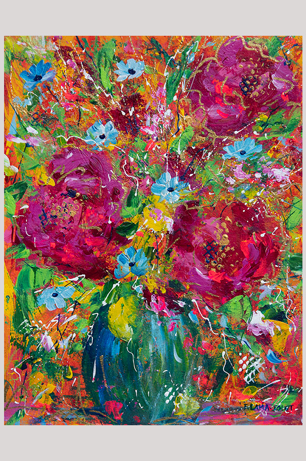Original colorful impressionist painting of a bouquet of flowers in a vase hand painted with acrylics on watercolor paper size 8.25 x 10.75 inch and mounted in a mat size 11 x 14 inches - Wishing You a Glorious Day