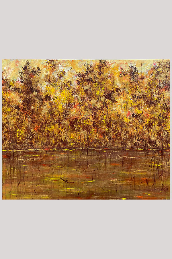 Original abstract landscape painting of trees reflecting in the water during the fall season on gallery wrapped canvas size 20 x 24 inches - Golden Days