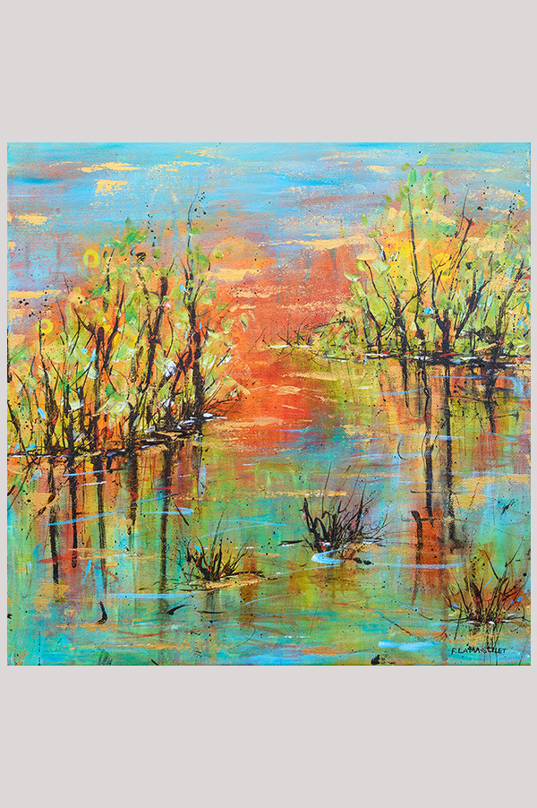 Original impressionist landscape painting of a marsh scenery with trees reflecting in the water done gallery wrapped canvas size 16 x 16 inches - Golden Hour in the Marshes