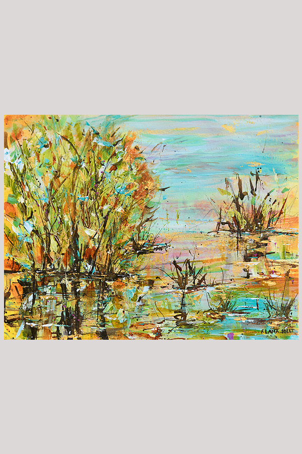 Original impressionist landscape painting of a marsh scenery with trees reflecting in the water done one watercolor paper size 8 x 10 inches - Golden Hour in the Marshes