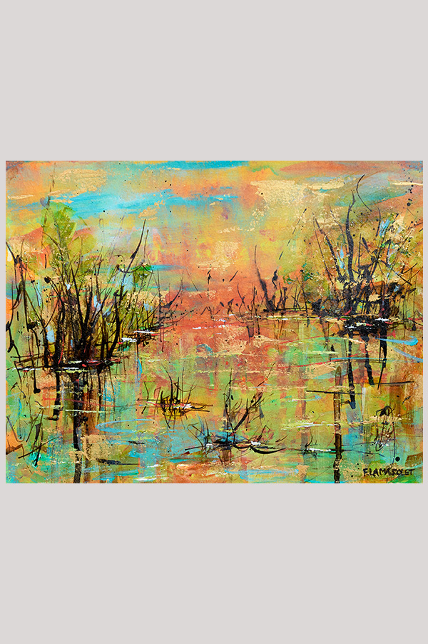 Original impressionist landscape painting of a marsh scenery with trees reflecting in the water done one watercolor paper size 8 x 10 inches - Golden Hour on the Marshes