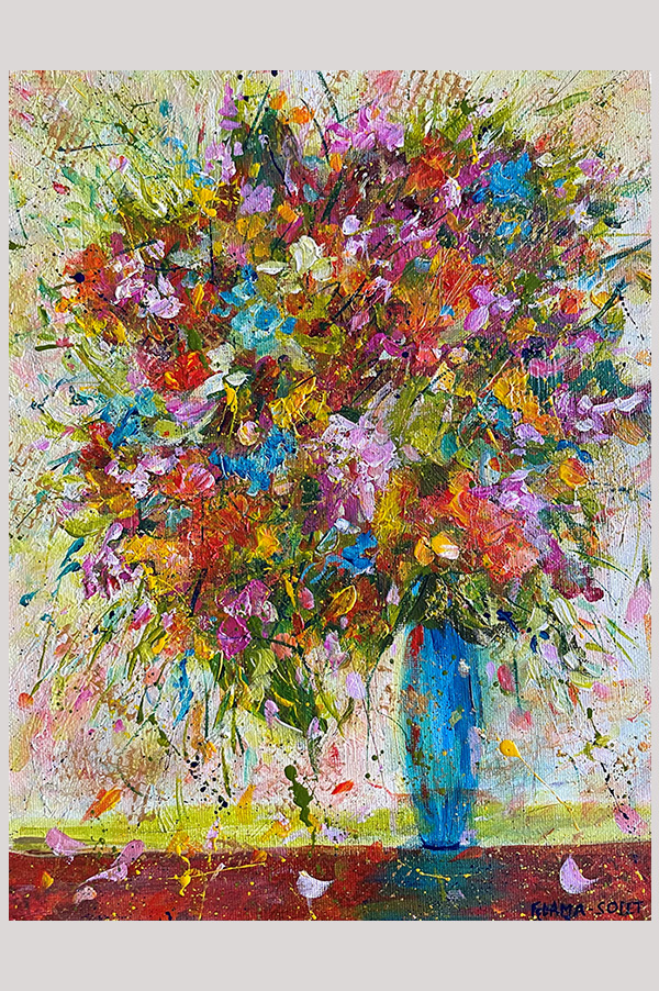 Original Colorful Abstract Flowers in a Vase Painting on Canvas Panel ...