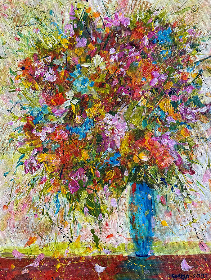 Original Colorful Abstract Flowers in a Vase Painting on Canvas Panel ...