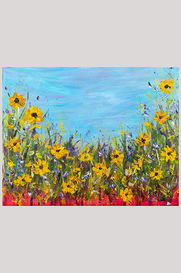 Original impressionist landscape painting of sunflowers and purple flowers meadows with a tree in the fall season on canvas size 11 x 14 inch - Happy Meadow