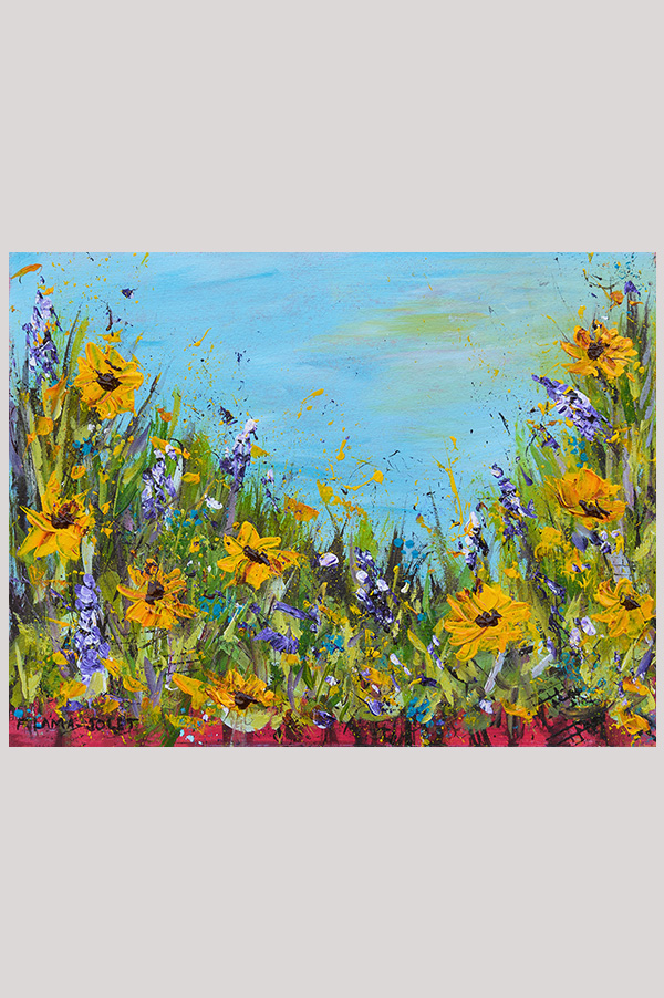 Original colorful loose impressionist landscape floral painting of a sunflower and lupin flowers meadow hand painted with acrylics on watercolor paper size  8 x 10 inch and mounted in a mat size 11 x 14 inch - Happy Meadow