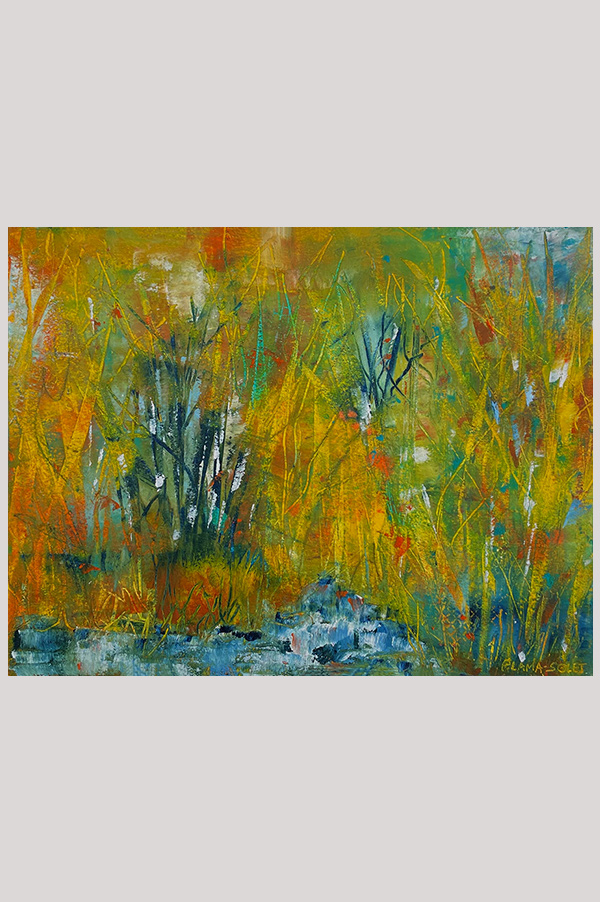 Original mixed media abstract landscape painting done with oil and cold wax on oil paper - Indian Summer