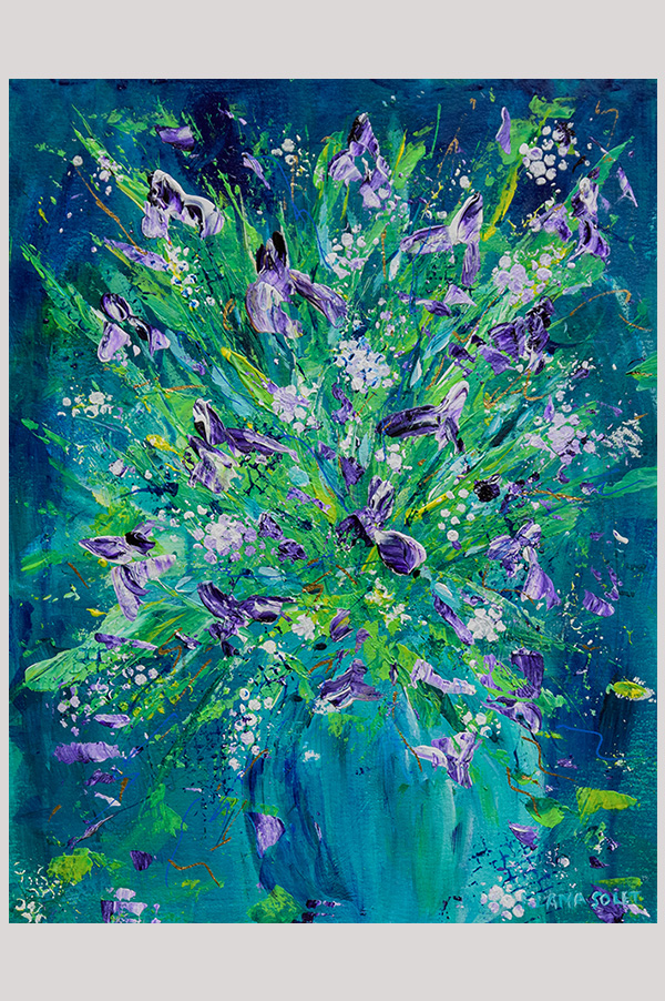 Original colorful impressionist painting of a bouquet of irises in a vase hand painted with acrylics on watercolor paper size 8.25 x 10.75 inch and mounted in a mat size 11 x 14 inches - Iris Bouquet