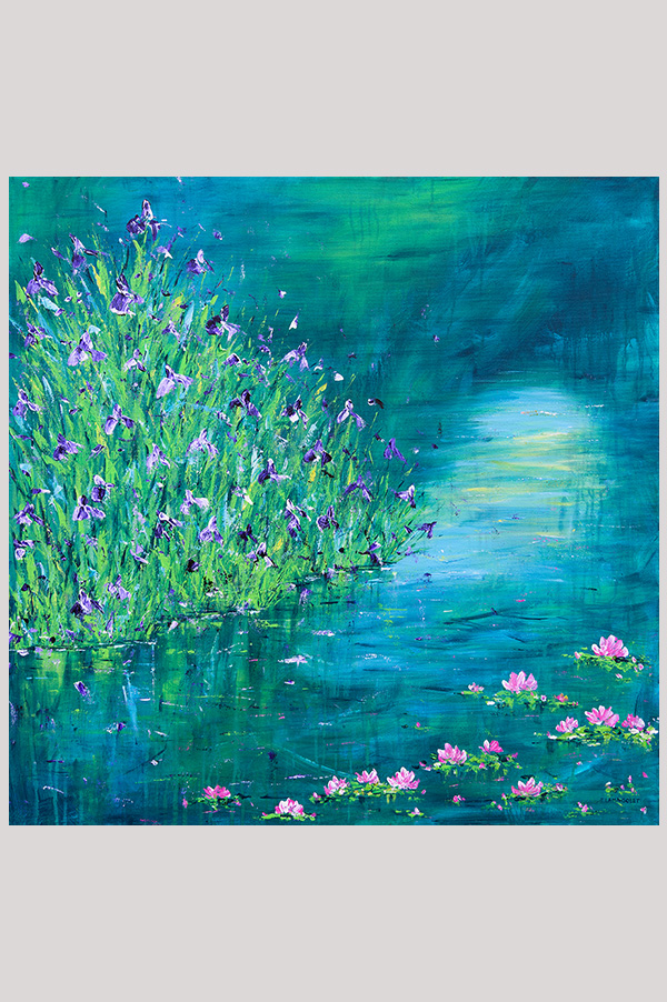 Original colorful loose impressionist landscape floral painting of an iris and waterlily pond hand painted with acrylics on gallery wrapped canvas size 30 x 30 inches - Irises by the Pond
