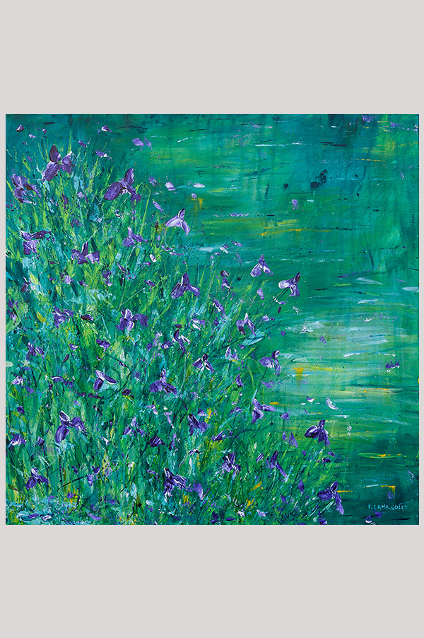 Original colorful loose impressionist landscape floral painting of an iris pond hand painted with acrylics on gallery wrapped canvas size 20 x 20 inches - Irises by the Pond