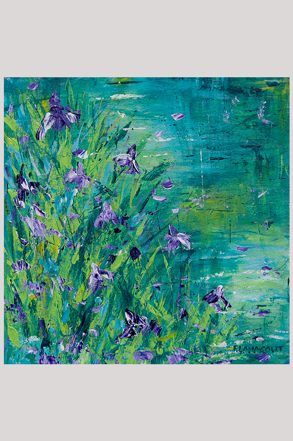 Original colorful loose impressionist landscape floral painting of an iris pond hand painted with acrylics on cradle wood panel size 8 x 8 inches - Irises by the Pond