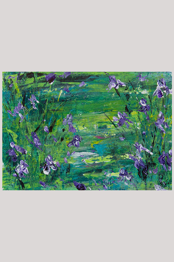 Original colorful loose impressionist landscape floral painting of an iris pond hand painted with acrylics on watercolor paper size  7 x 5 inch and mounted in a mat size 10 x 8 inch - Iris Pond