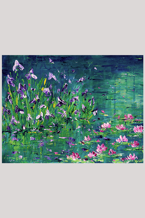 Original colorful loose impressionist landscape floral painting of an iris pond hand painted with acrylics on watercolor paper size  8 x 10 inch and mounted in a mat size 11 x 14 inch - Irises by the Lily Pond