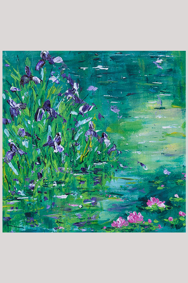 Original colorful loose impressionist landscape floral painting of irises and a waterlily pond hand painted with acrylics on cradle wood panel size 8 x 8 inches - Irises by the Lily Pond