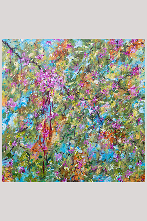 Original colorful contemporary impressionist floral artwork hand painted with acrylics on a gallery wrapped canvas size 36 x 36 inches - Joie de Printemps