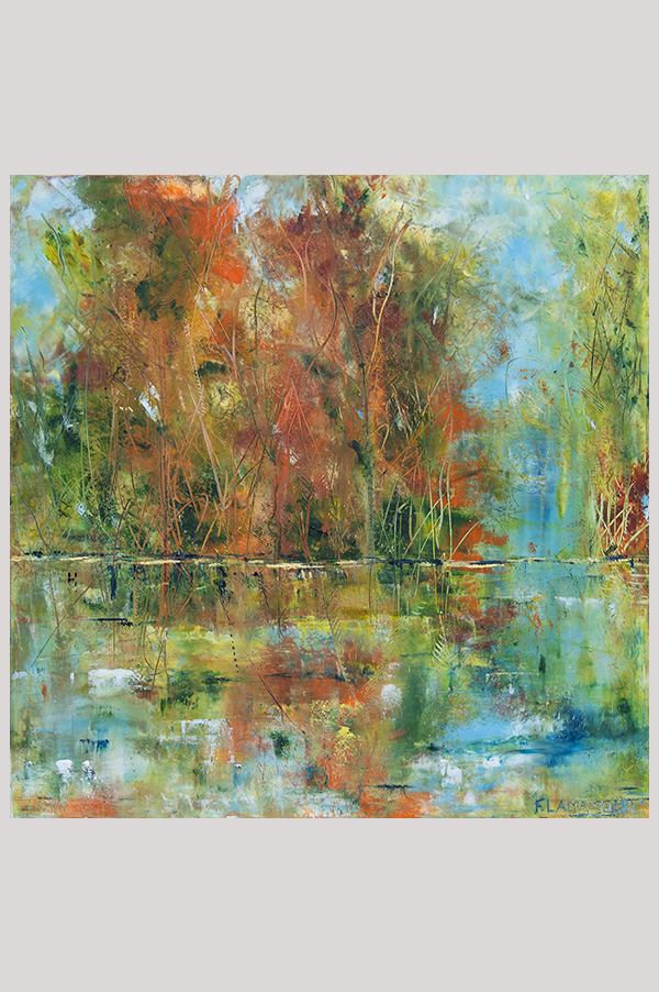 Original mixed media abstract landscape painting of a water reflection during the fall season done with oil and cold wax on cradle wood panel size 10 x 10 inches - Une Belle Journée d'Automne