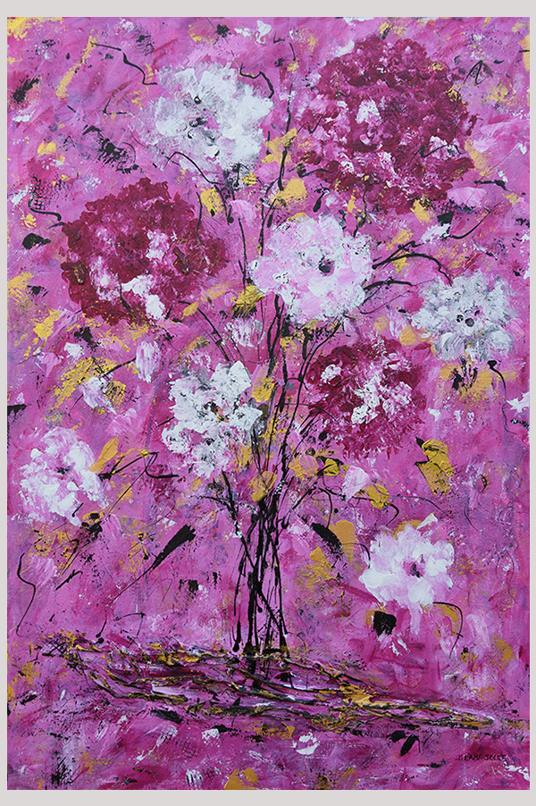 Original pink contemporary mixed media painting of a bouquet of roses and hydrangeas hand painted with acrylics on a gallery wrapped canvas size 20 x 30 inches - Let's Dance