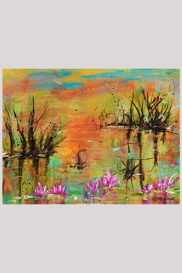 Original impressionist landscape painting of a marsh scenery with trees reflecting in the water and waterlilies done one watercolor paper size 8 x 10 inches - Lilies Golden Hour