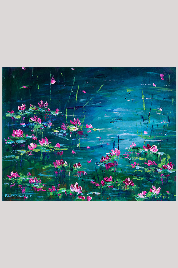 Original colorful loose impressionist landscape floral painting of a waterlily pond hand painted with acrylics on watercolor paper size  8 x 10 inch and mounted in a mat size 11 x 14 inch - Lily Joy