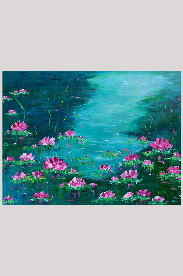 Original impressionist landscape floral painting of a waterlily pond hand painted with acrylics on a gallery wraped canvas size 30 x 40 inches - Lily Joy