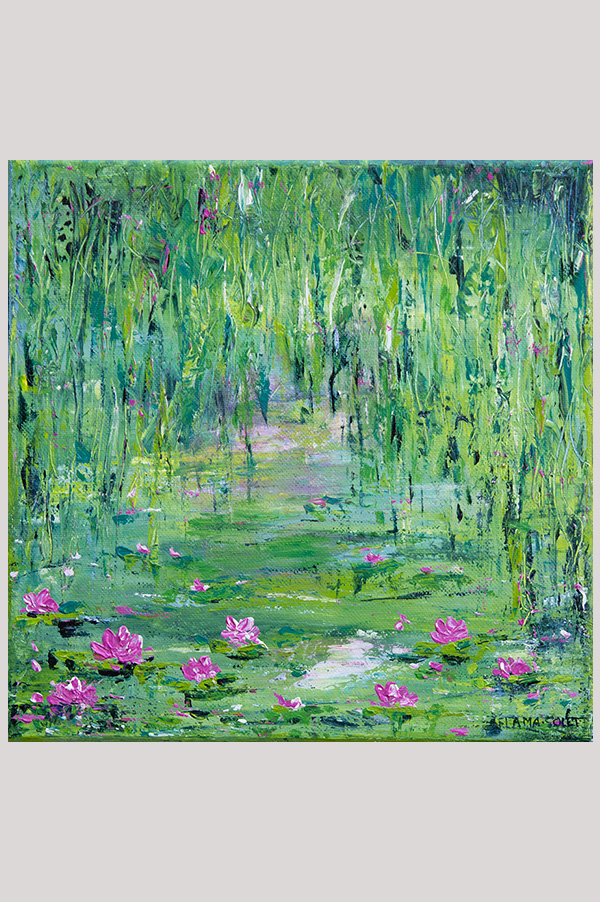 Original colorful loose impressionist landscape floral painting of a waterlily pond hand painted with acrylics on stretched canvas size 10 x 10 inches - Lily Pond