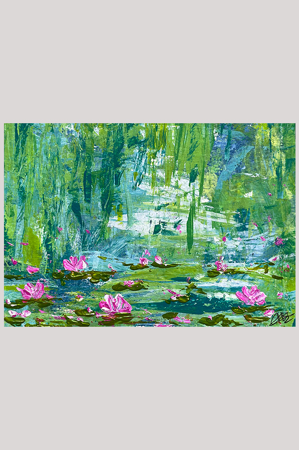Original colorful loose impressionist landscape floral painting of a waterlily pond hand painted with acrylics on watercolor paper size  7 x 5 inch and mounted in a mat size 10 x 8 inch - Lily Pond