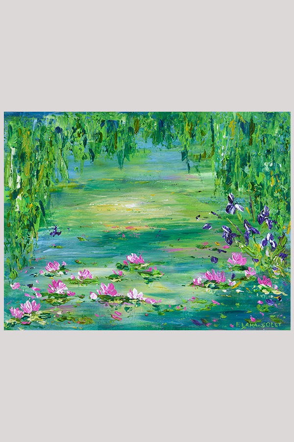 Original colorful loose impressionist landscape floral painting of a waterlily pond hand painted with acrylics on watercolor paper size  8 x 10 inch and mounted in a mat size 11 x 14 inch - Lily Pond