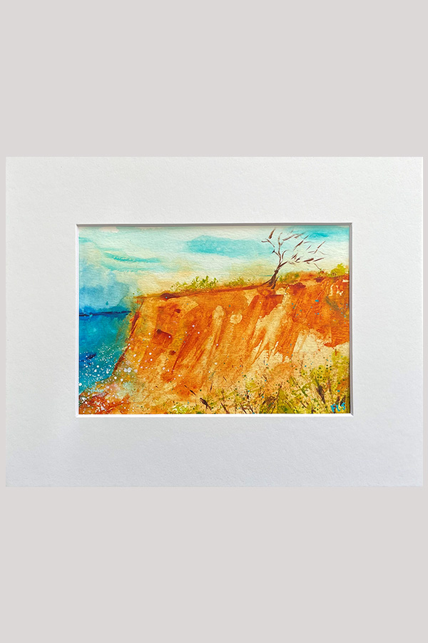 Colorful original abstract seascape painting of a tree on a cliff, scenery inspired by Torrey Pines natural park - Lonely Tree