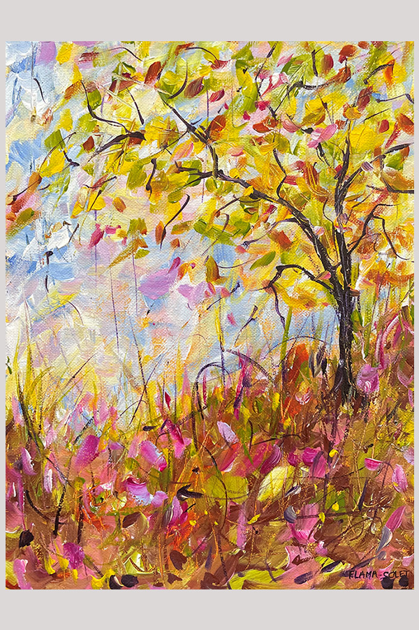 Small original abstract landscape painting of a tree painted on canvas panel size 12 x 9 inch - Lovely Day