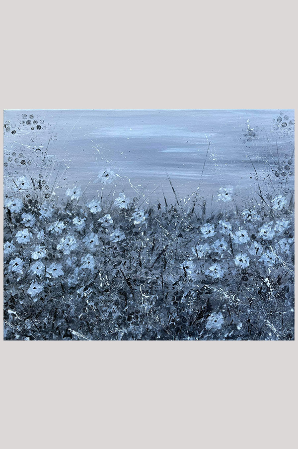 Original contemporary monochromatic black and peaceful abstract painting featuring a wildflowers scenery - Meadows at Night