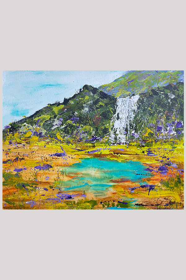 Original acrylic impressionist landscape painting on watercolor paper with mountains, plains and waterfall inspired by Iceland - Memoires d'Islande