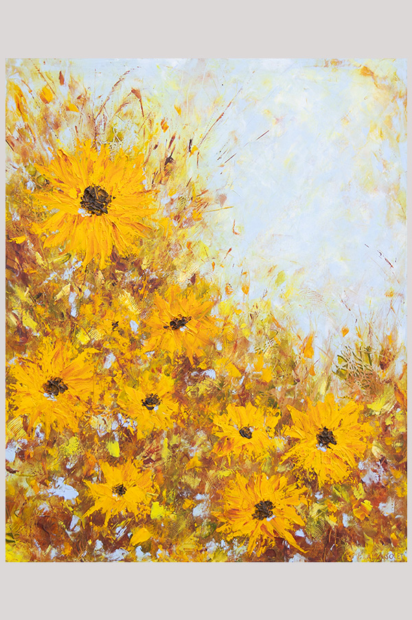Original mixed media impressionist floral painting done with oil and cold wax on cradle wood panel size 16 x 20 inches - Good Morning Sunshine