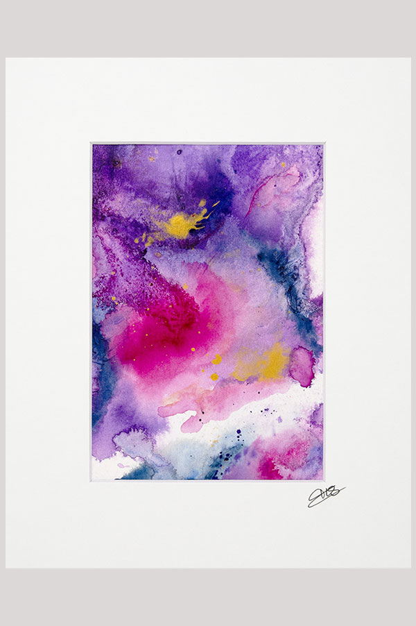 Small colorful original contemporary abstract painting in the shades magenta, purple and gold done on watercolor paper and mounted on white board size 8 x 10 - Nebula