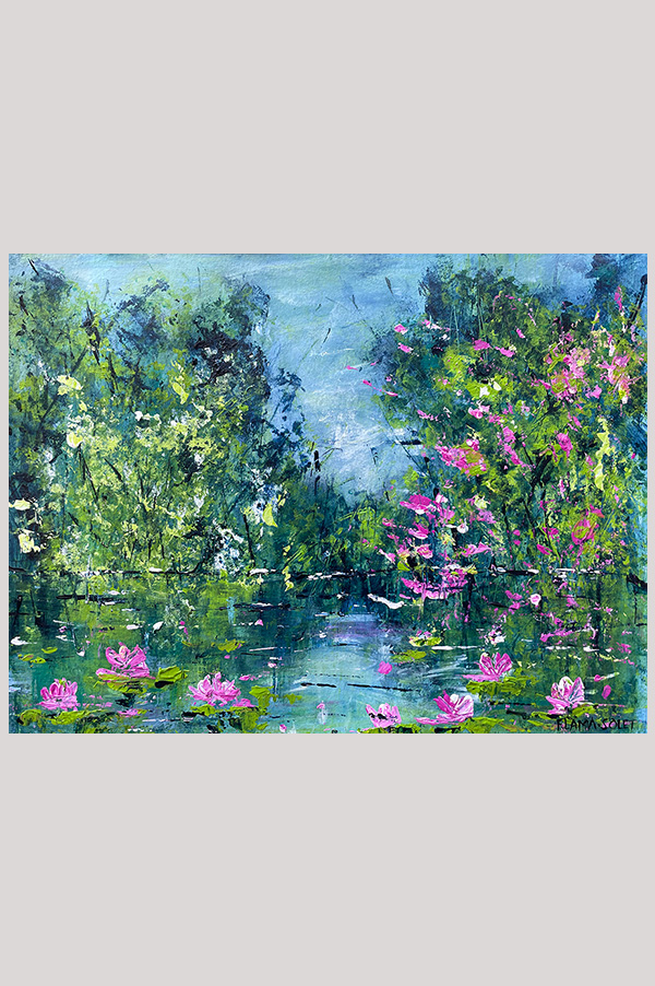 Original impressionist painting of a water reflection and moonlight over a waterlily pond hand painted with acrylics on watercolor paper size  8.25 x 10.75 inch and mounted in a mat size 11 x 14 inch - Nénuphars au Clair de Lune