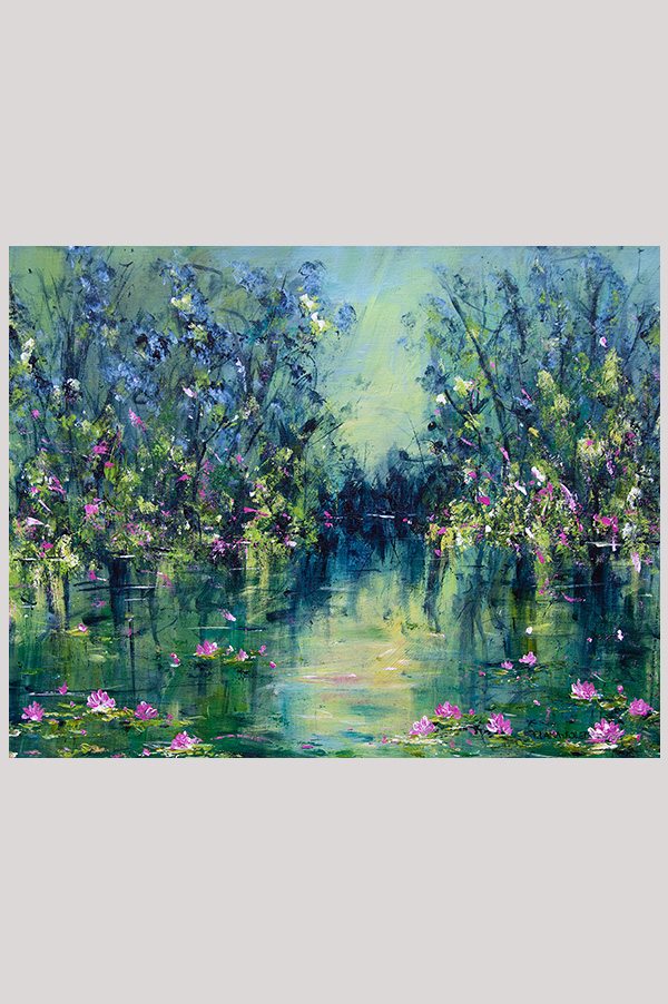 Original impressionist painting of a water reflection and moonlight over a waterlily pond hand painted with acrylics on gallery wrapped canvas size 20 x 16 inches - Nénuphars au Clair de Lune