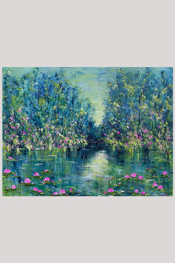 Original impressionist painting of a water reflection and moonlight over a waterlily pond hand painted with acrylics on gallery wrapped canvas size 36 x 48 inches - Nénuphars au Clair de Lune