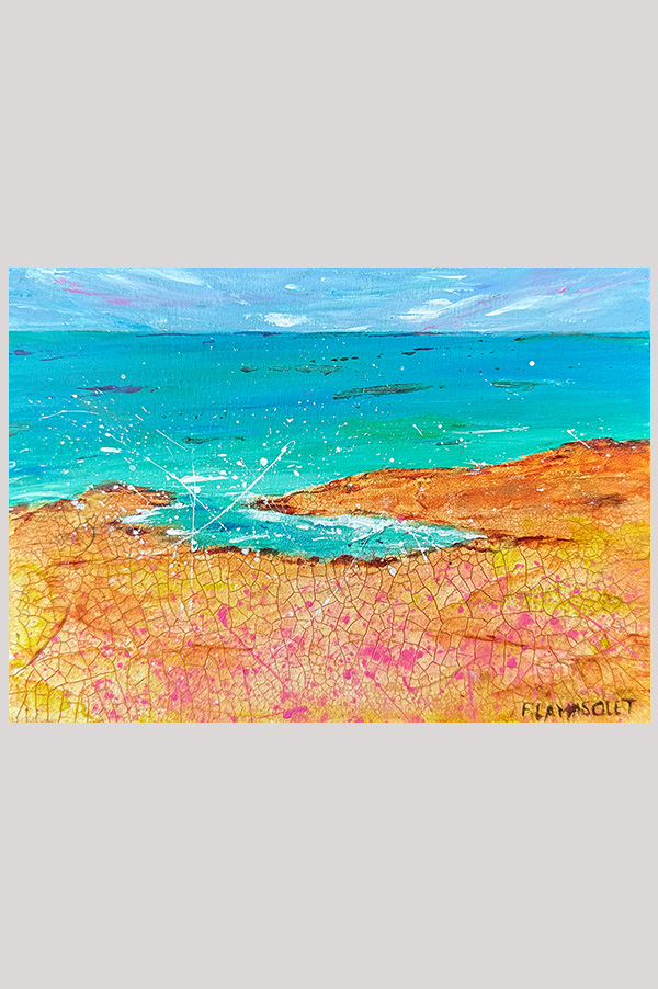 Colorful original contemporary textured mixed media seascape painting on cradel wood panel size 7 x 5 inches - Ocean Trail #1