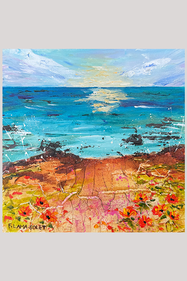 Colorful original contemporary textured mixed media seascape painting on cradel wood panel size 8 x 8 inches - Ocean Trail #3