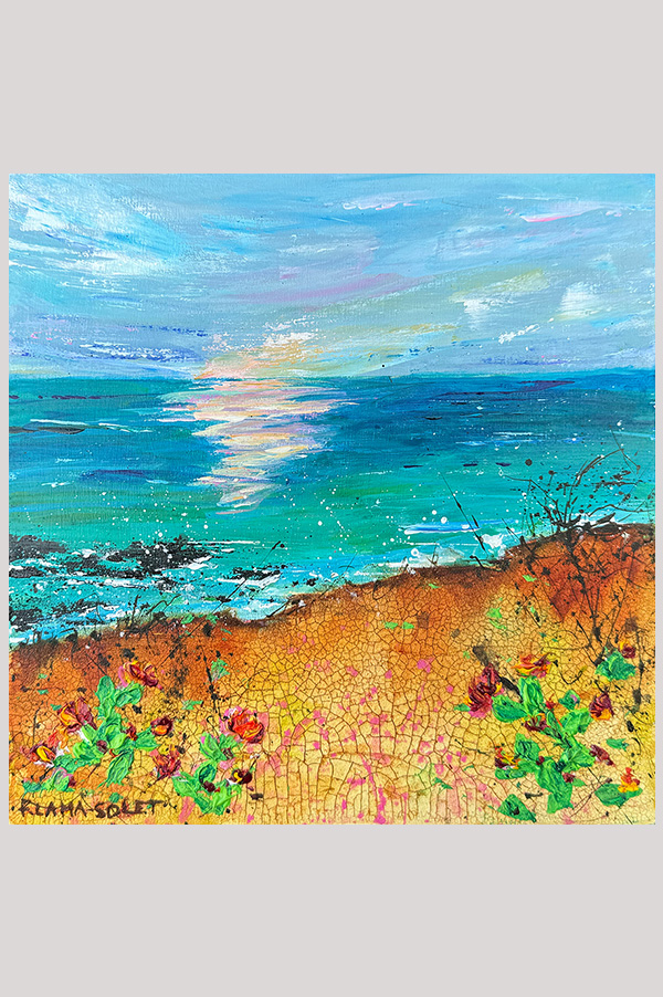 Colorful original contemporary textured mixed media seascape painting on cradel wood panel size 8 x 8 inches - Ocean Trail #4